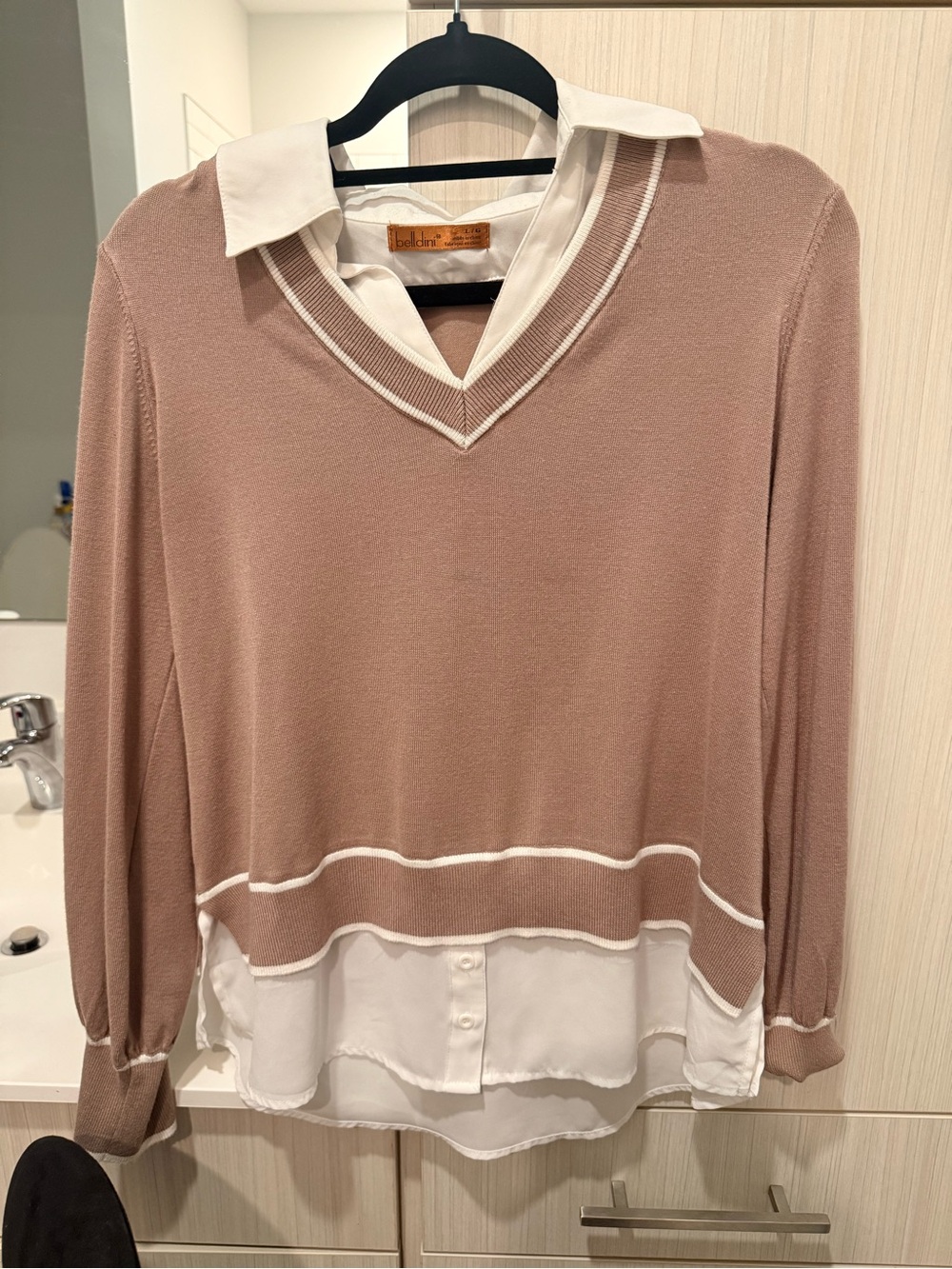 Belldini Dusty Rose Layered V-Neck Pullover with White Collar